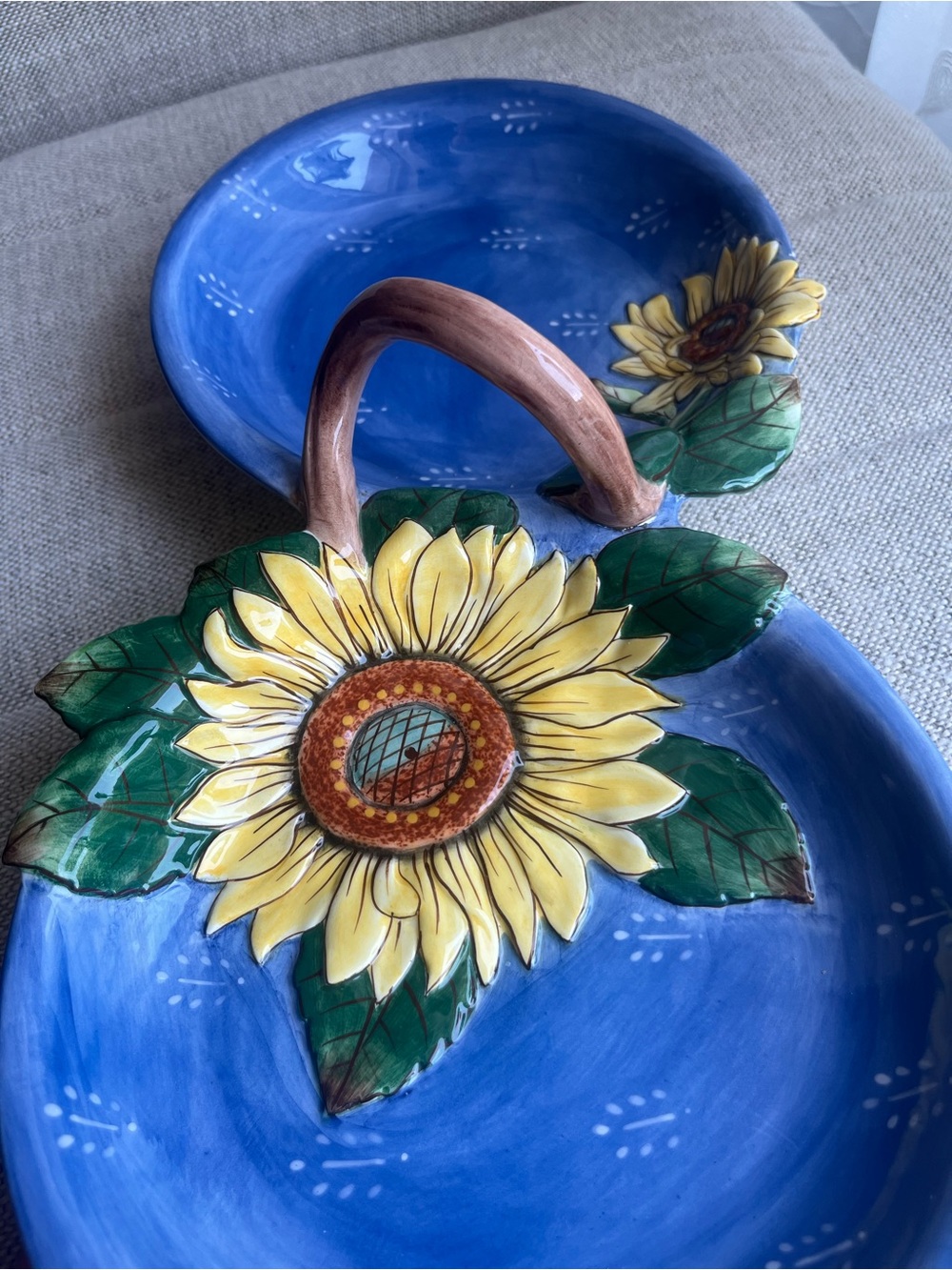 Handpainted Sunflower Ceramic Serving Dish - Blue and Yellow